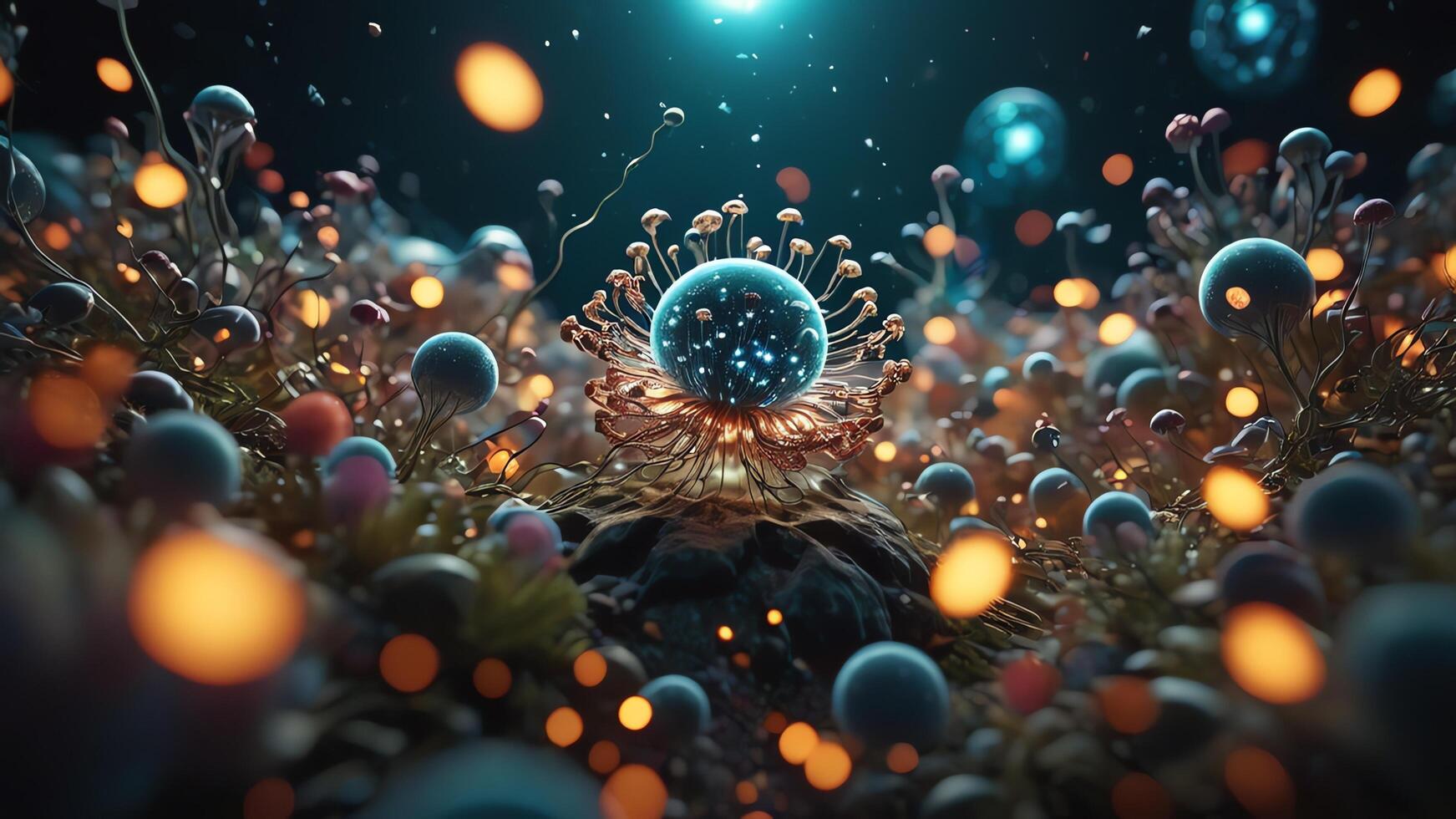 Abstract colorful microscopic structure of cells, neurons, veins, splash, circulation lines, microorganisms, micro dimensions photo