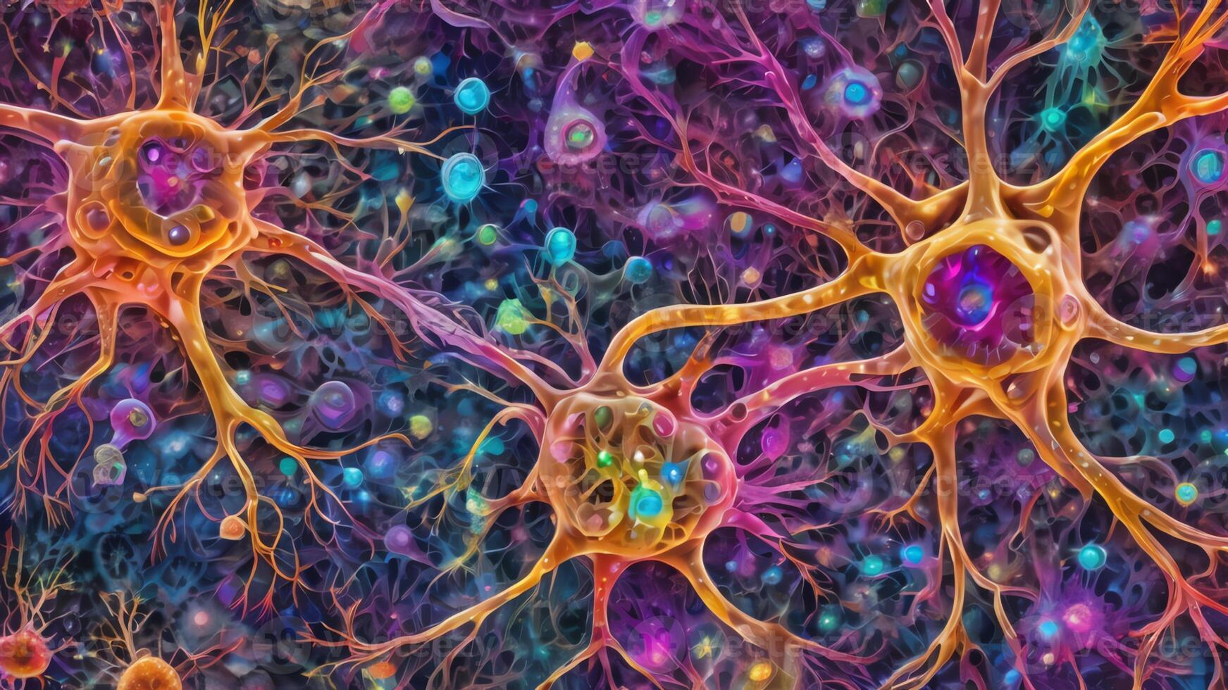 Abstract colorful microscopic structure of cells, neurons, veins, splash, circulation lines, microorganisms, micro dimensions photo