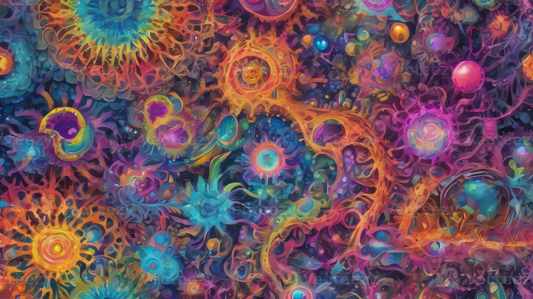 Abstract colorful microscopic structure of cells, neurons, veins, splash, circulation lines, microorganisms, micro dimensions photo