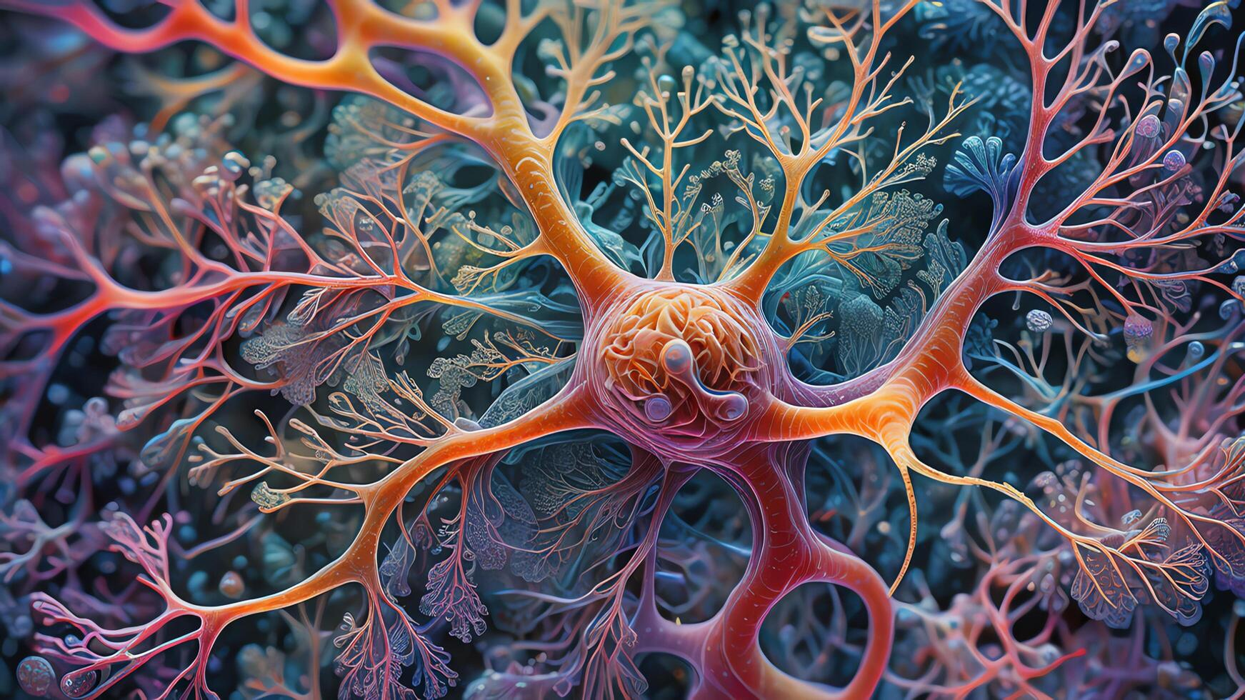 Abstract colorful microscopic structure of cells, neurons, veins, splash, circulation lines, microorganisms, micro dimensions photo
