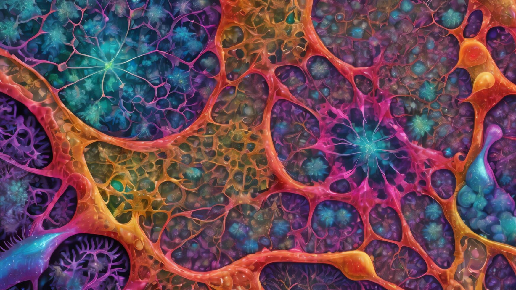 Abstract colorful microscopic structure of cells, neurons, veins, splash, circulation lines, microorganisms, micro dimensions photo