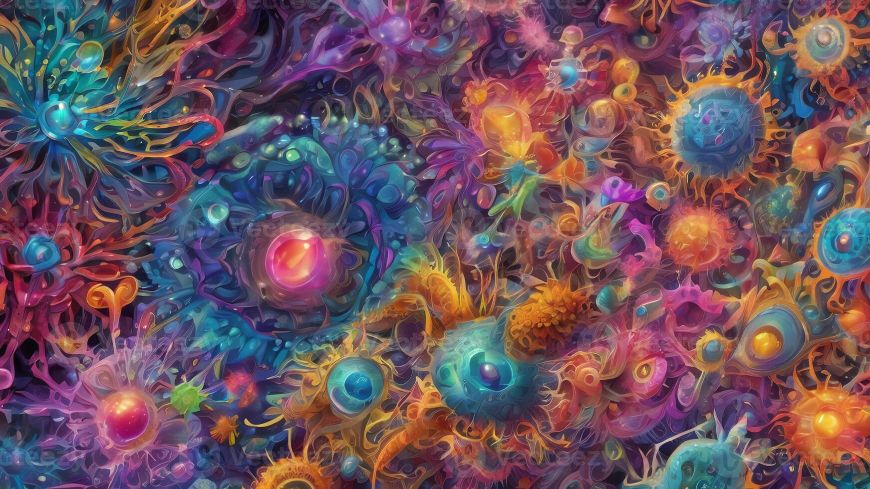 Abstract colorful microscopic structure of cells, neurons, veins, splash, circulation lines, microorganisms, micro dimensions photo