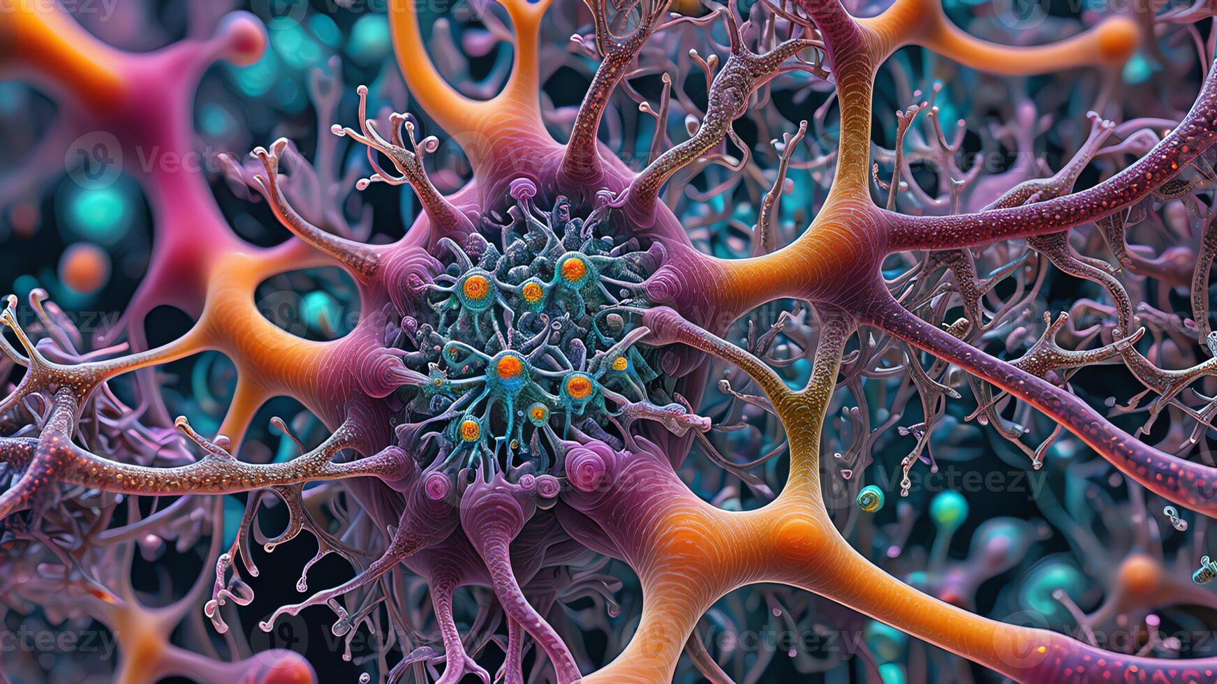 Abstract colorful microscopic structure of cells, neurons, veins, splash, circulation lines, microorganisms, micro dimensions photo