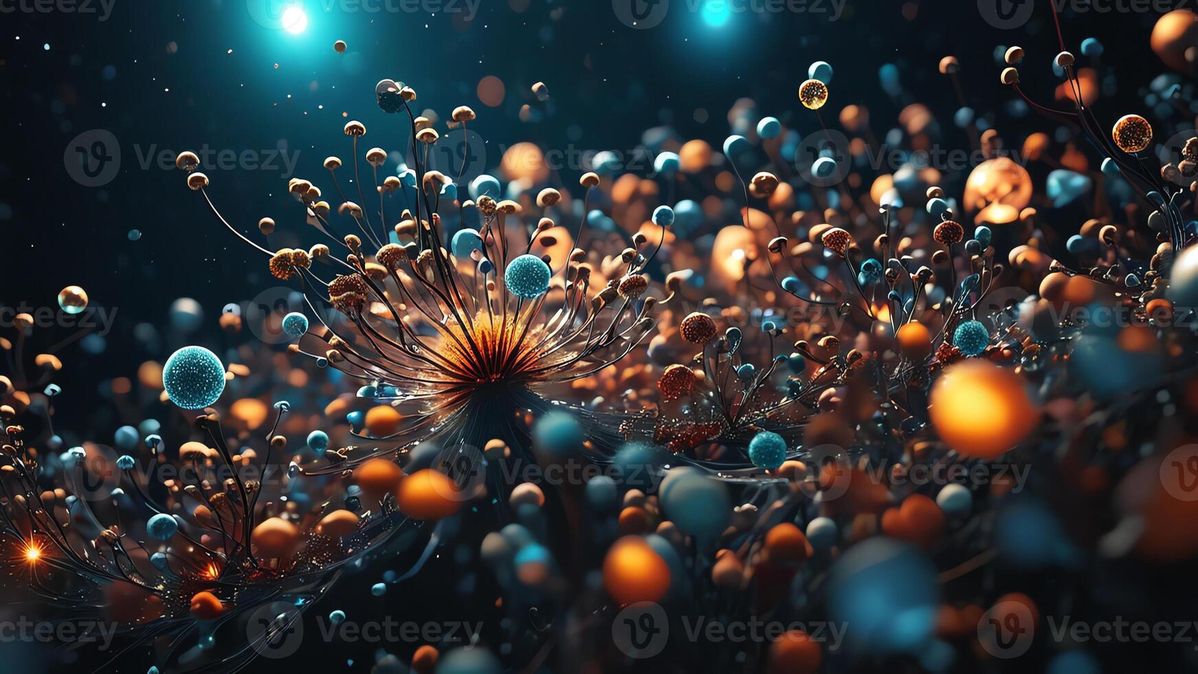 Abstract colorful microscopic structure of cells, neurons, veins, splash, circulation lines, microorganisms, micro dimensions photo