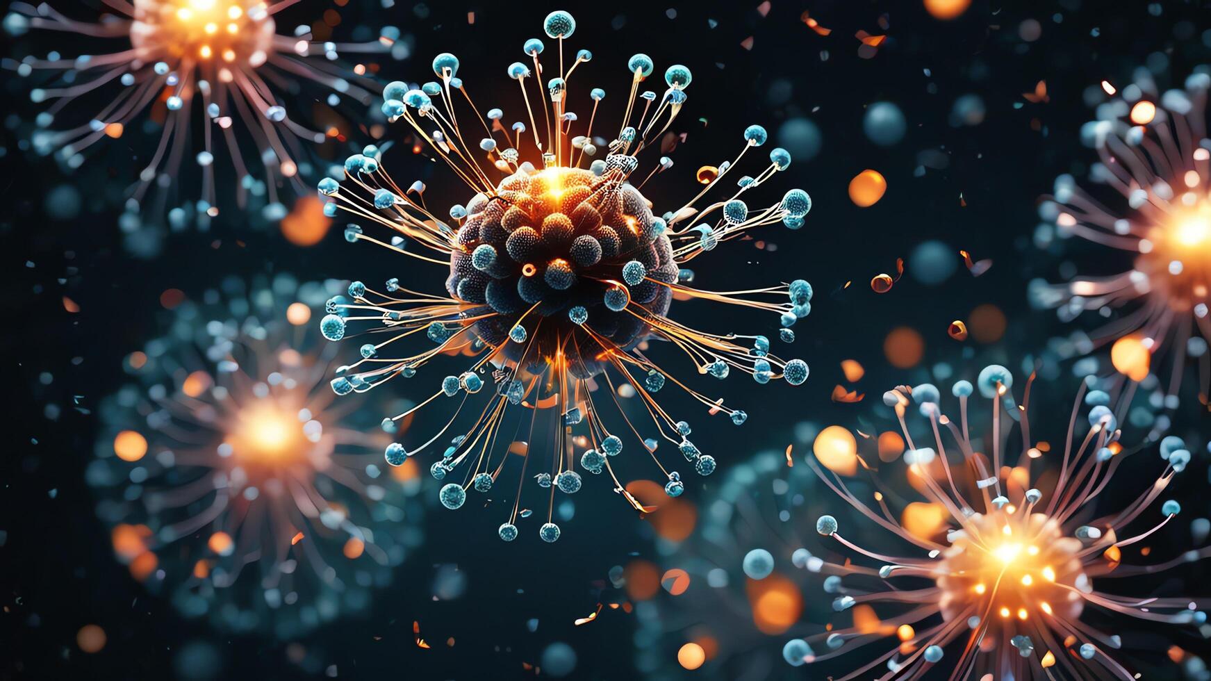 Abstract colorful microscopic structure of cells, neurons, veins, splash, circulation lines, microorganisms, micro dimensions photo