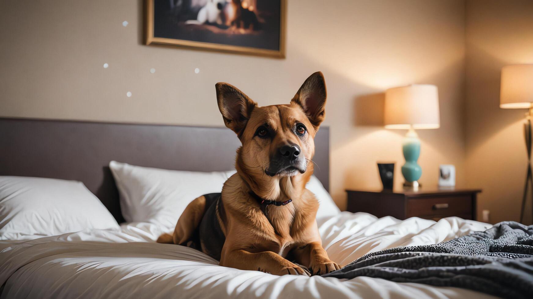 a dog sitting on a bed in house photo