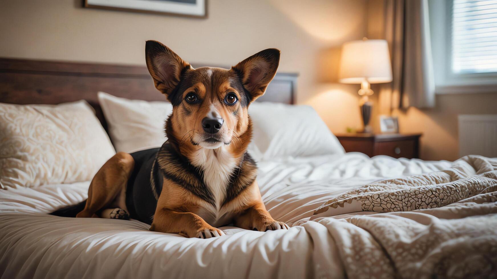 a dog sitting on a bed in house photo