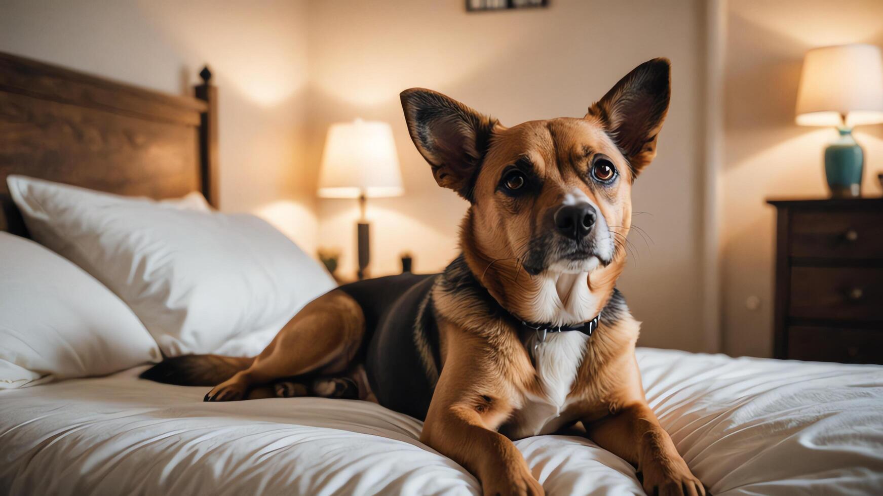 a dog sitting on a bed in house photo