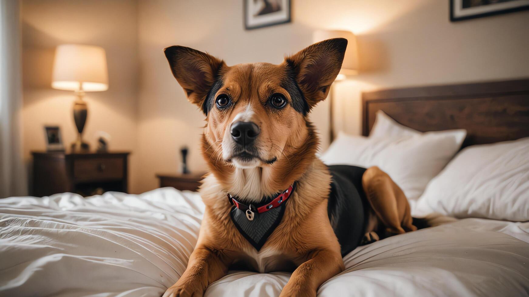 a dog sitting on a bed in house photo