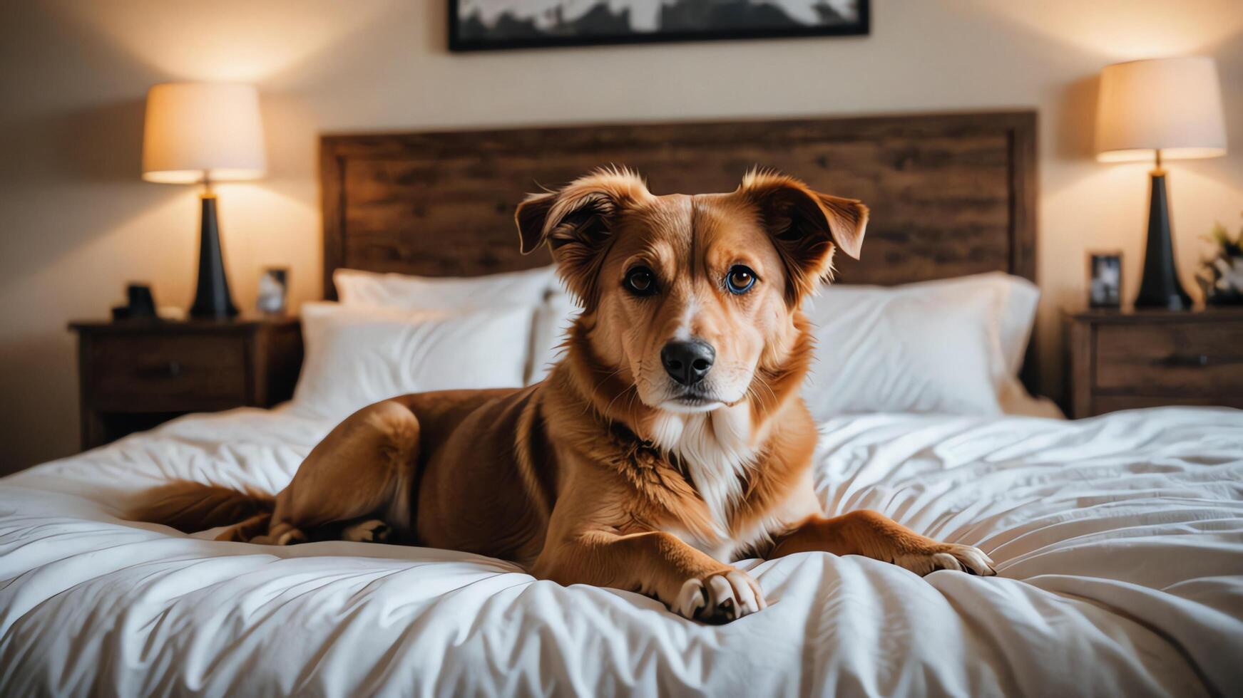 a dog sitting on a bed in house photo