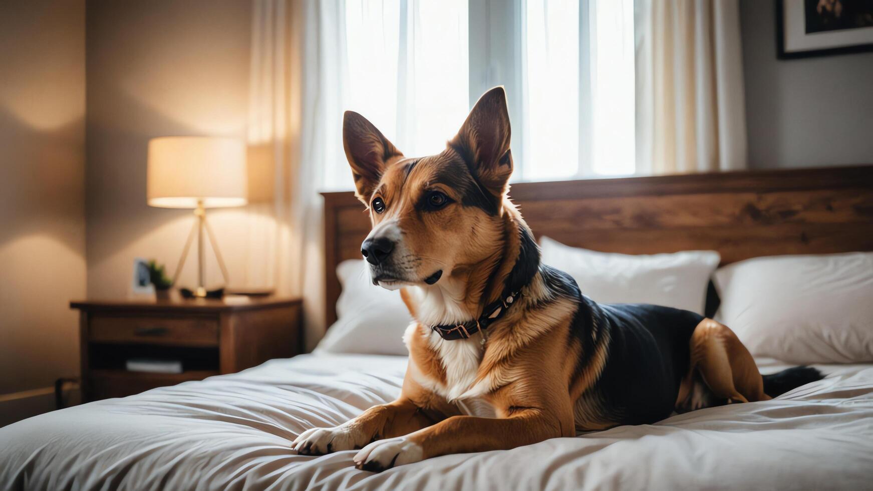 a dog sitting on a bed in house photo
