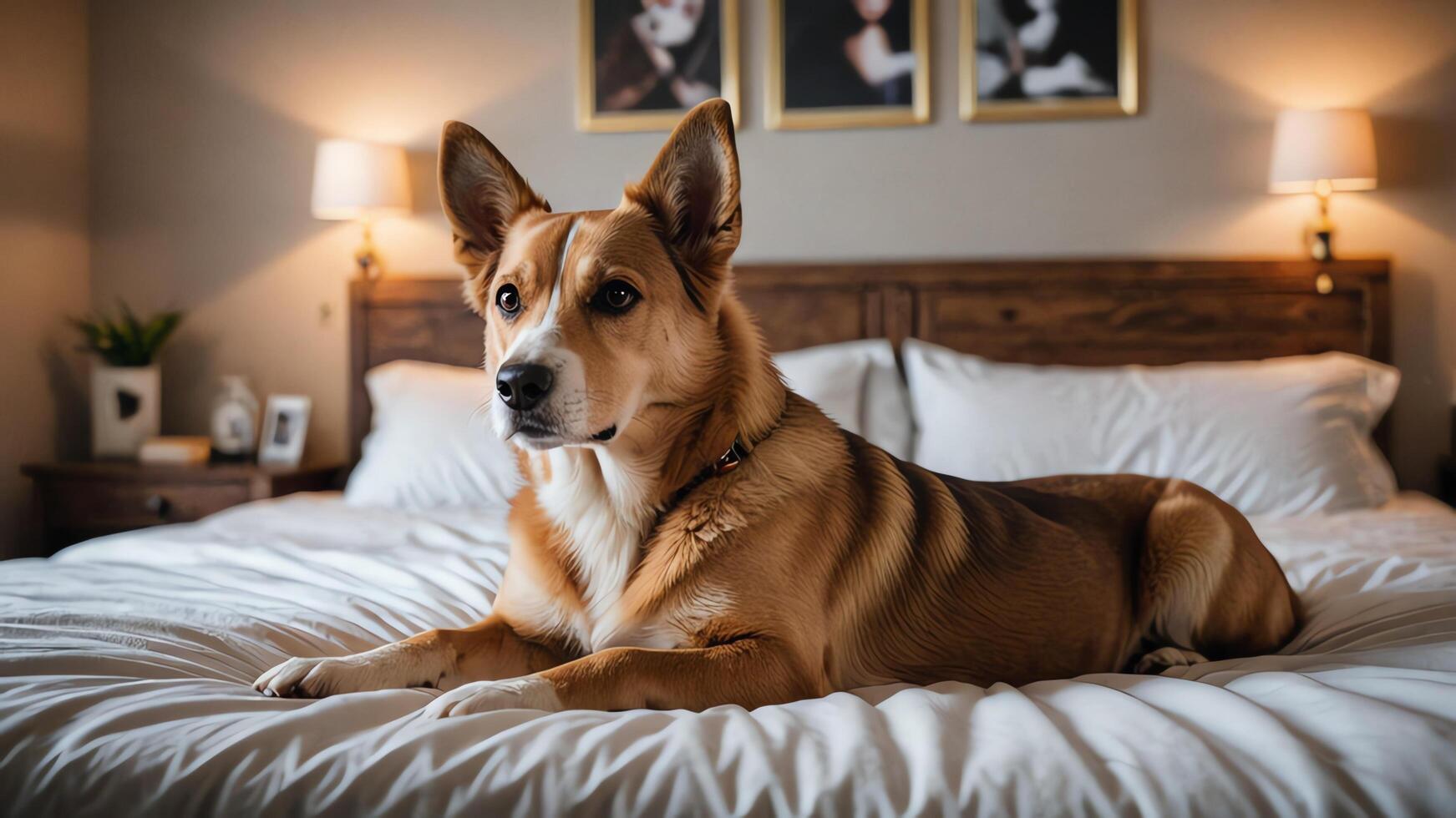 a dog sitting on a bed in house photo