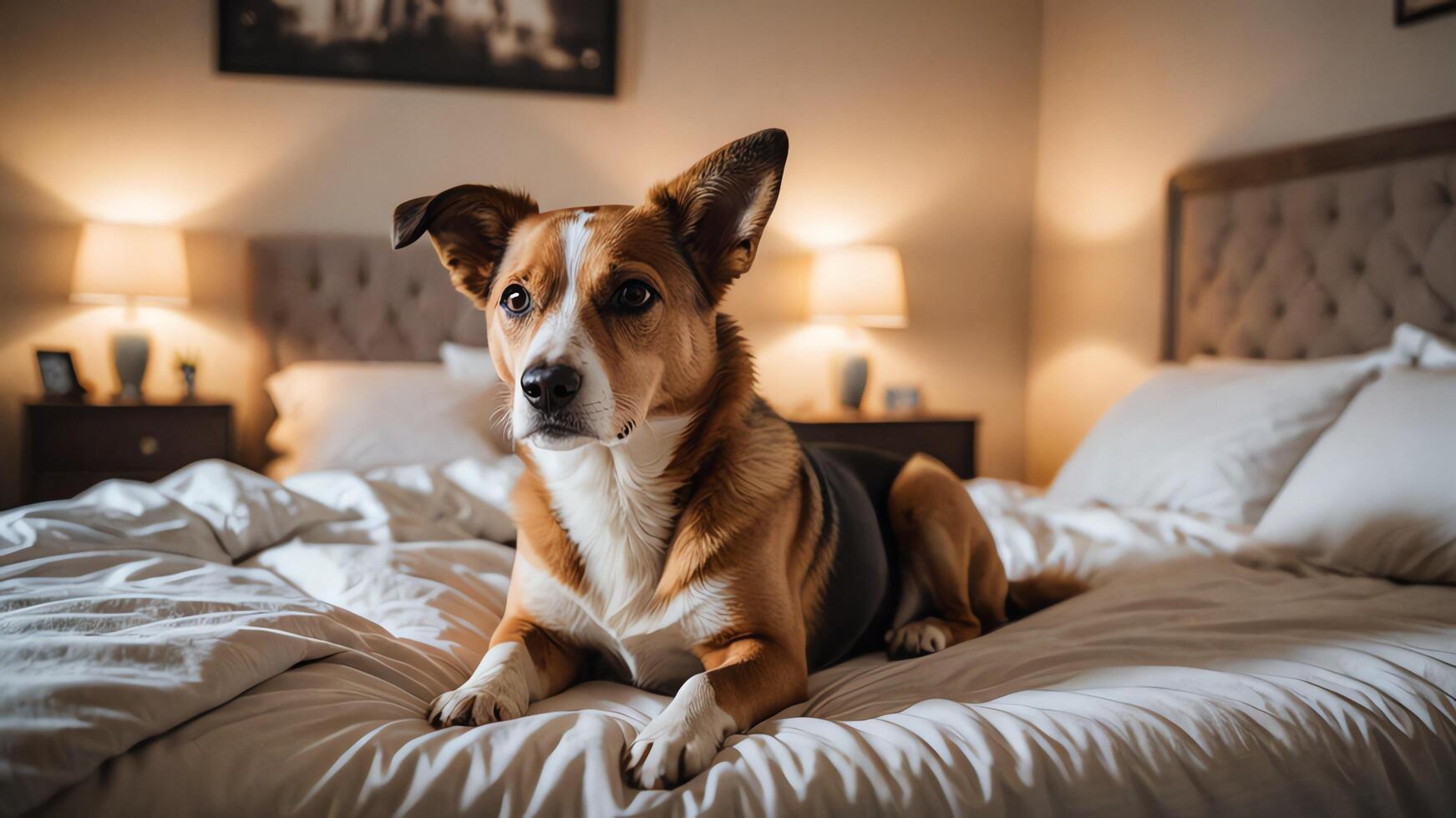 a dog sitting on a bed in house photo