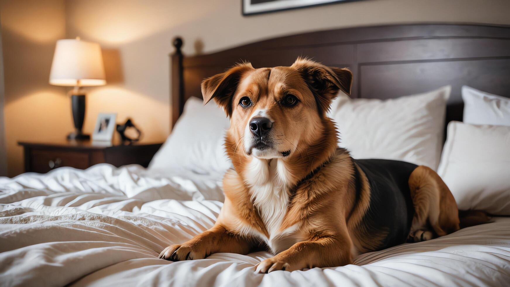 a dog sitting on a bed in house photo