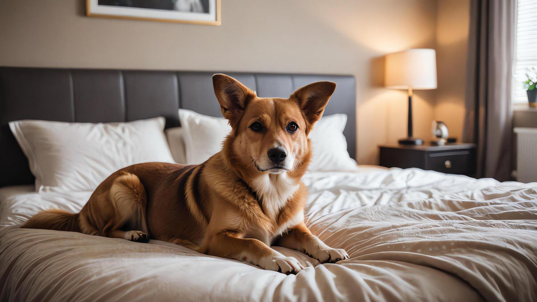 a dog sitting on a bed in house photo
