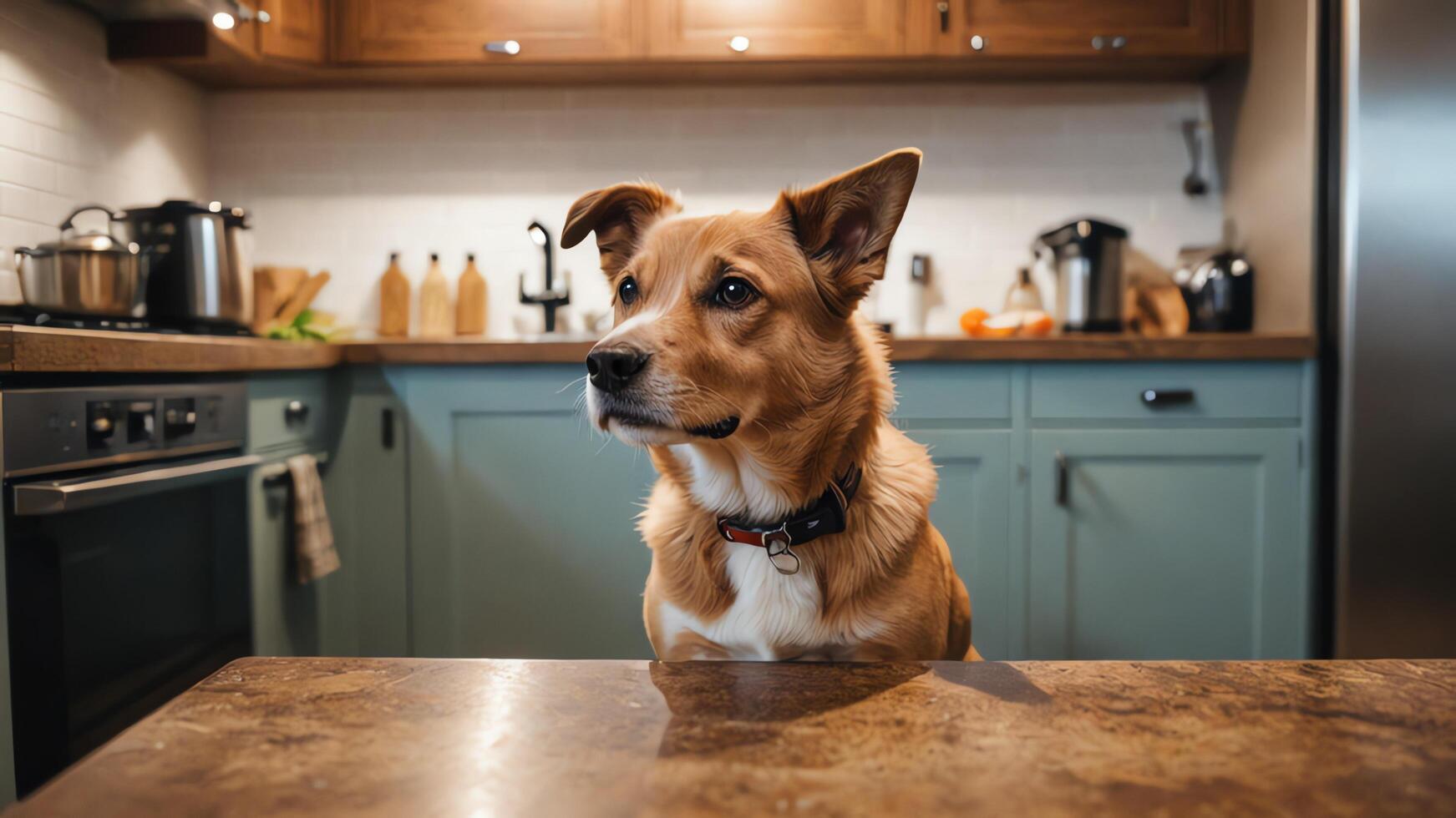 a dog sitting on a counter in a kitchen photo