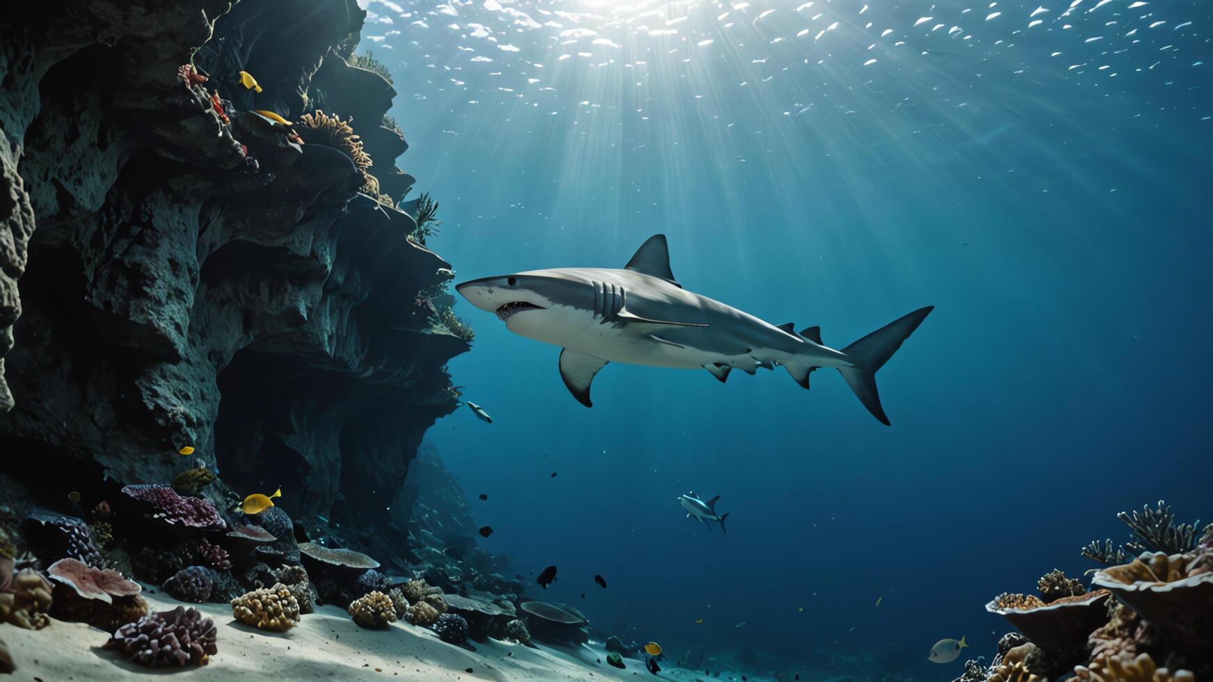 Sharks swim underwater, with amazing underwater landscapes photo