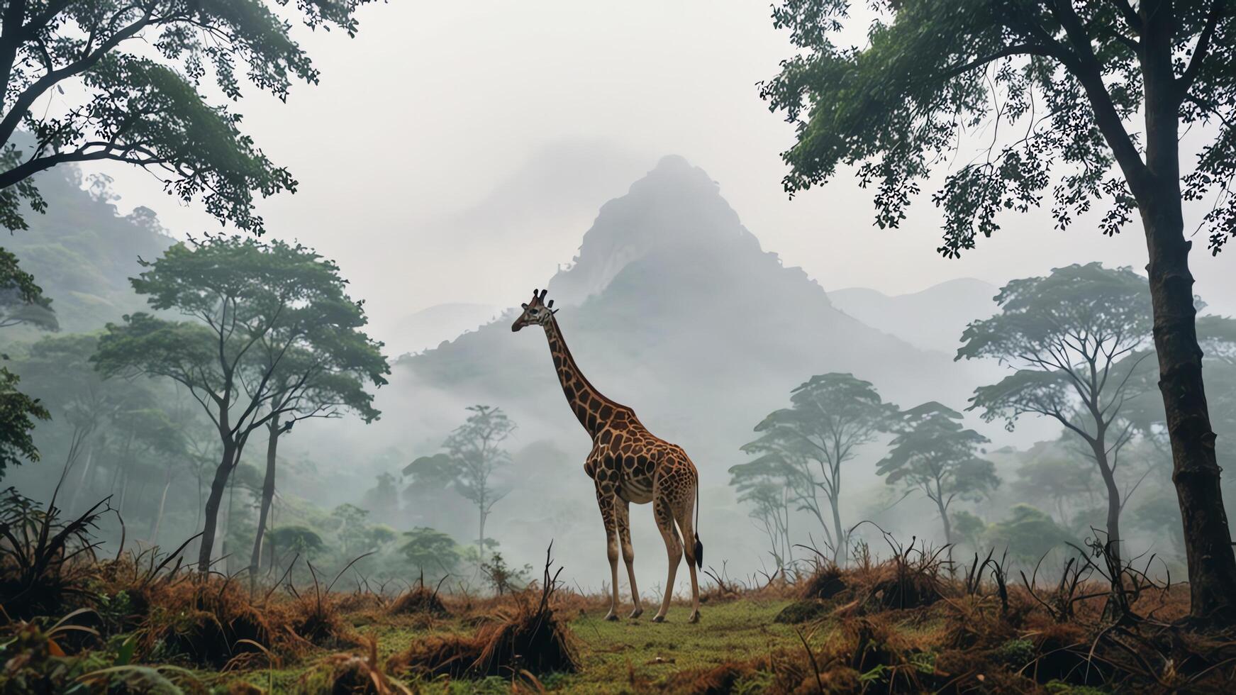 giraffes in the wilderness with an amazing forest landscape photo