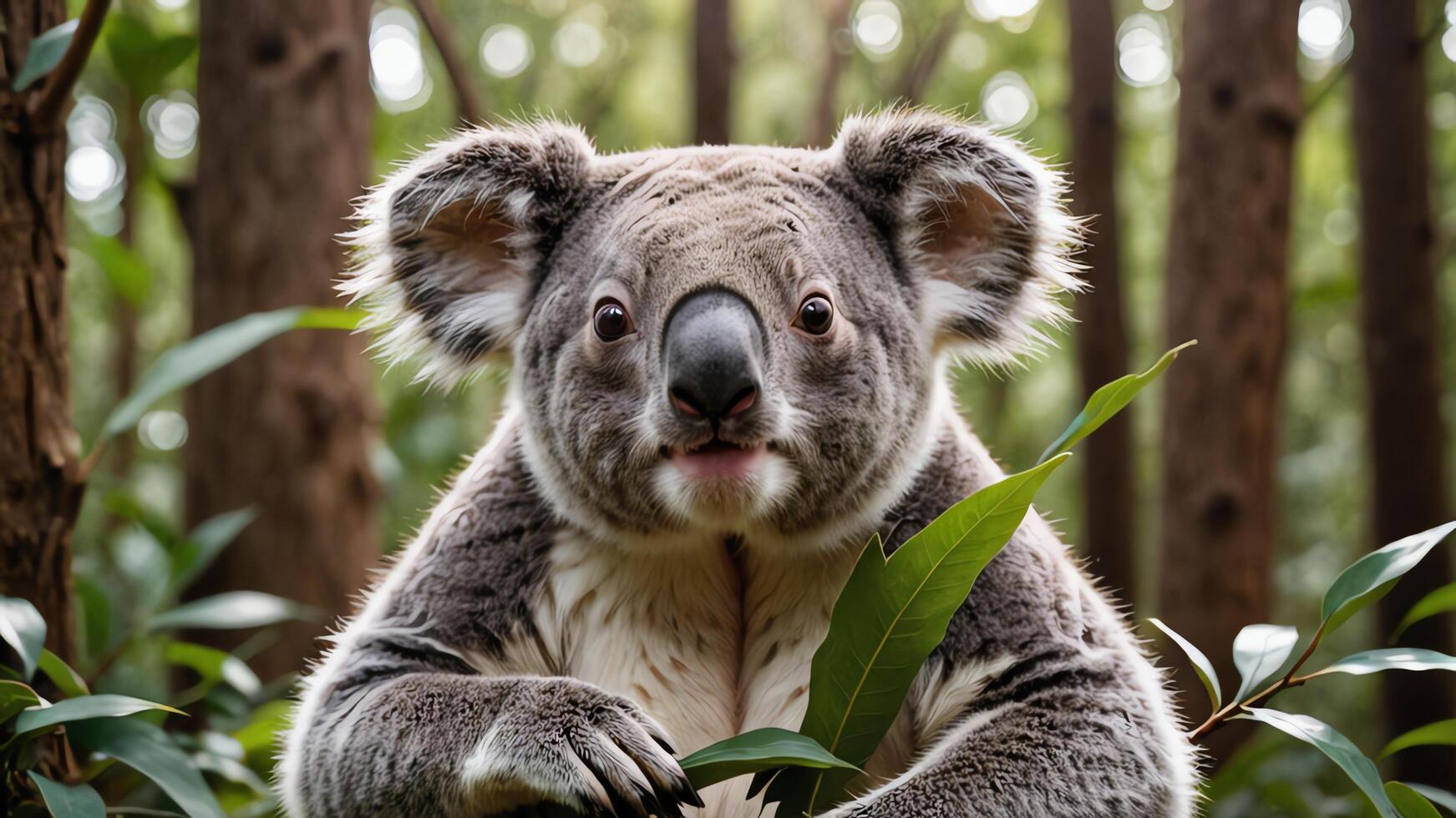 a koala bear is sitting in the middle of a forest photo