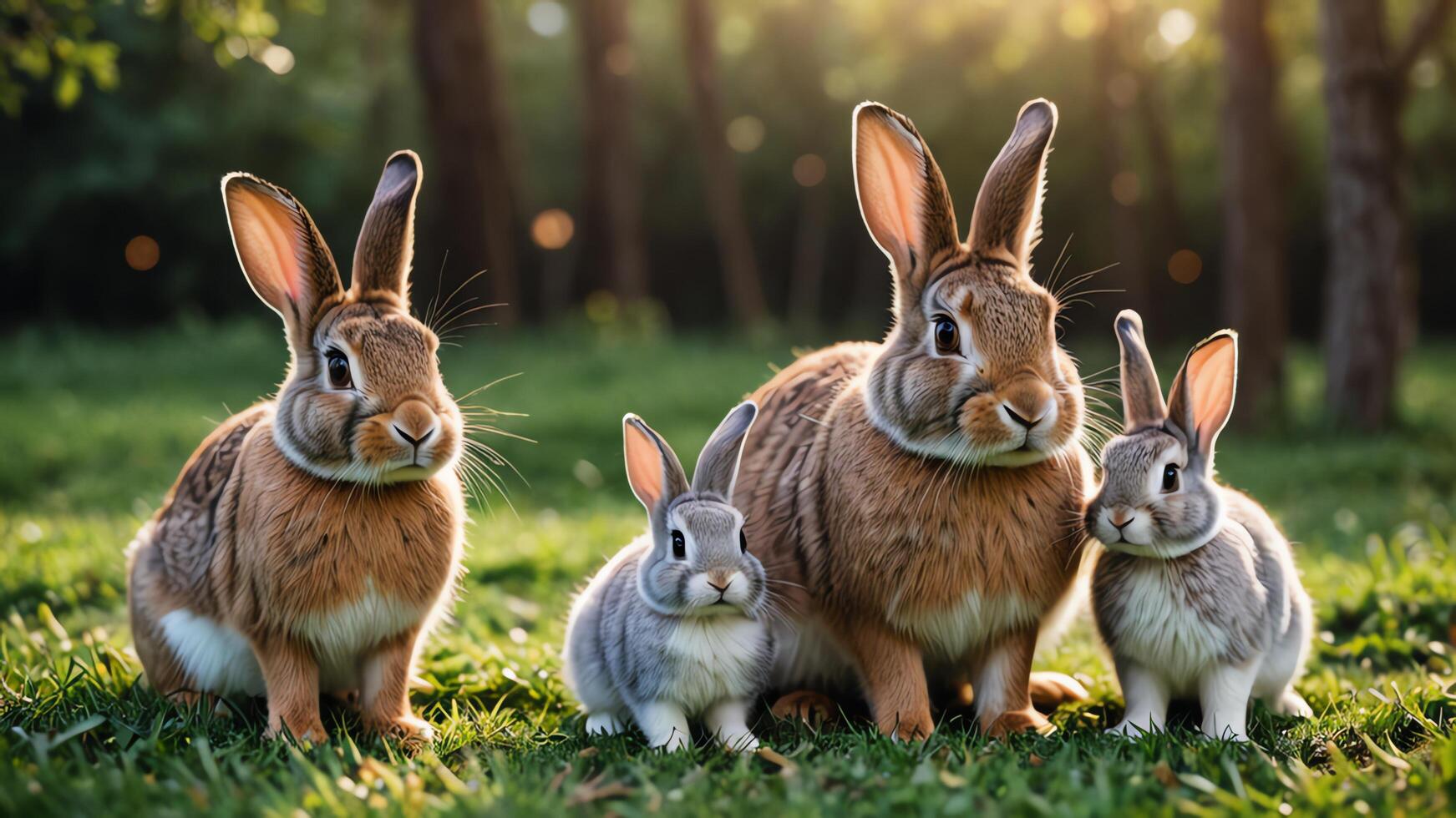 a rabbit is sitting in the grass in front of a garden photo
