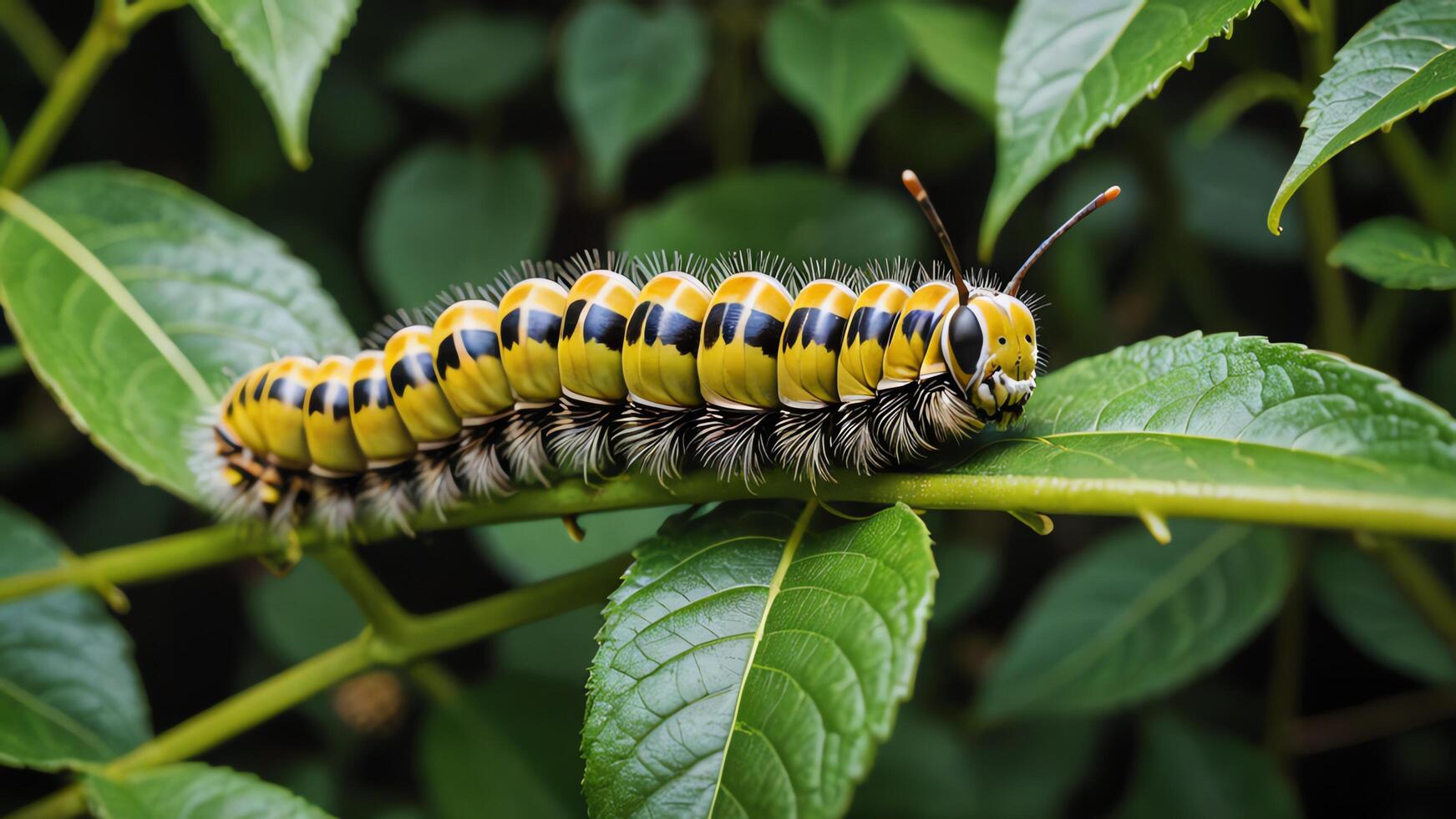 a caterpillar with yellow and green stripes on its back photo