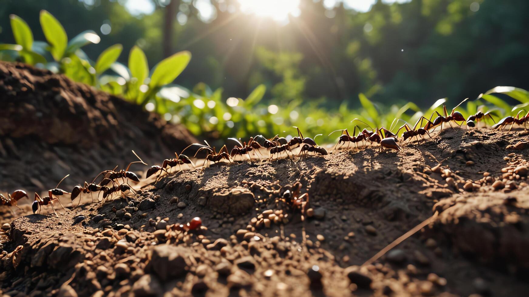 a group of ants walking across a dirt path photo