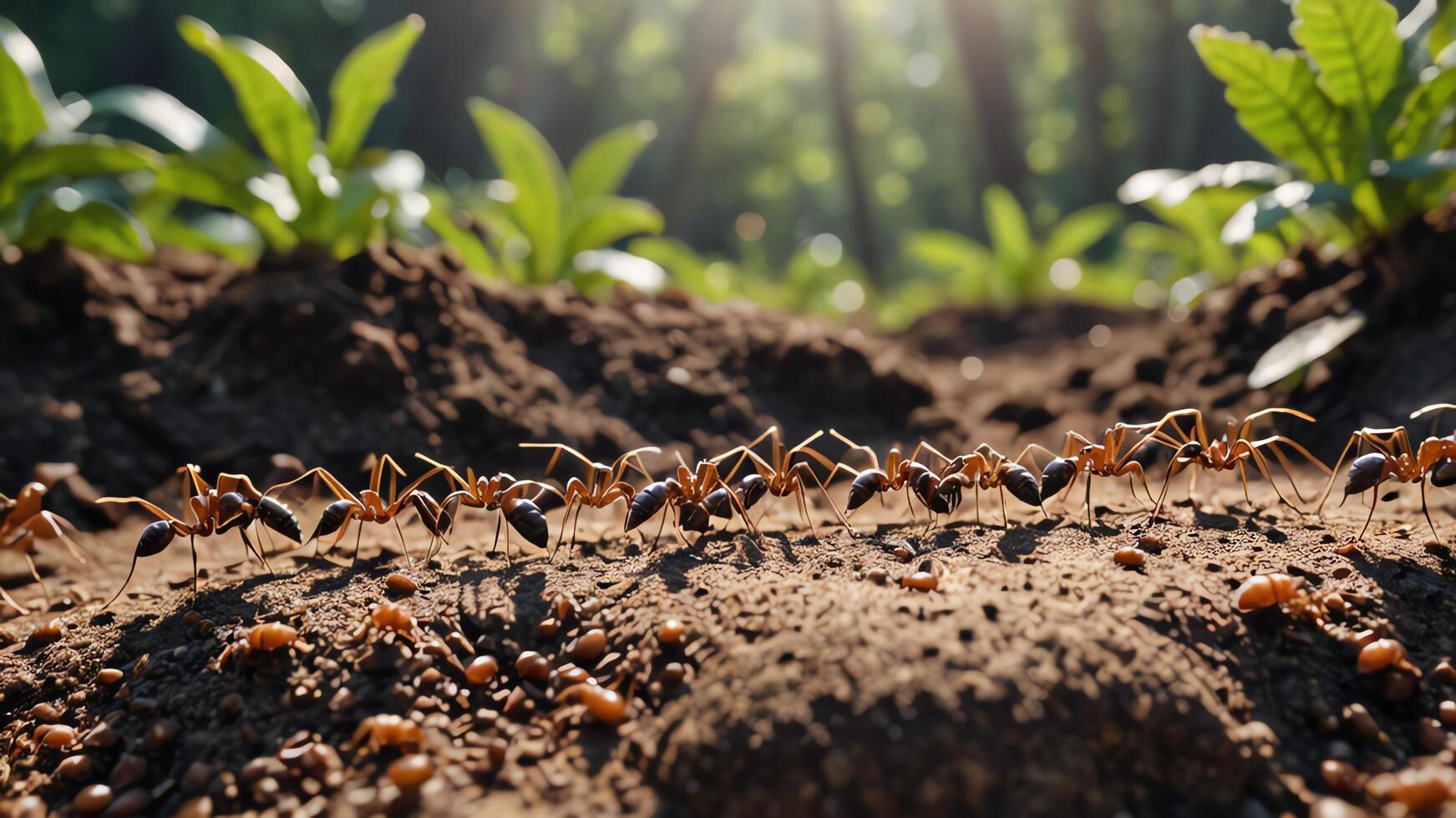 a group of ants walking across a dirt path photo