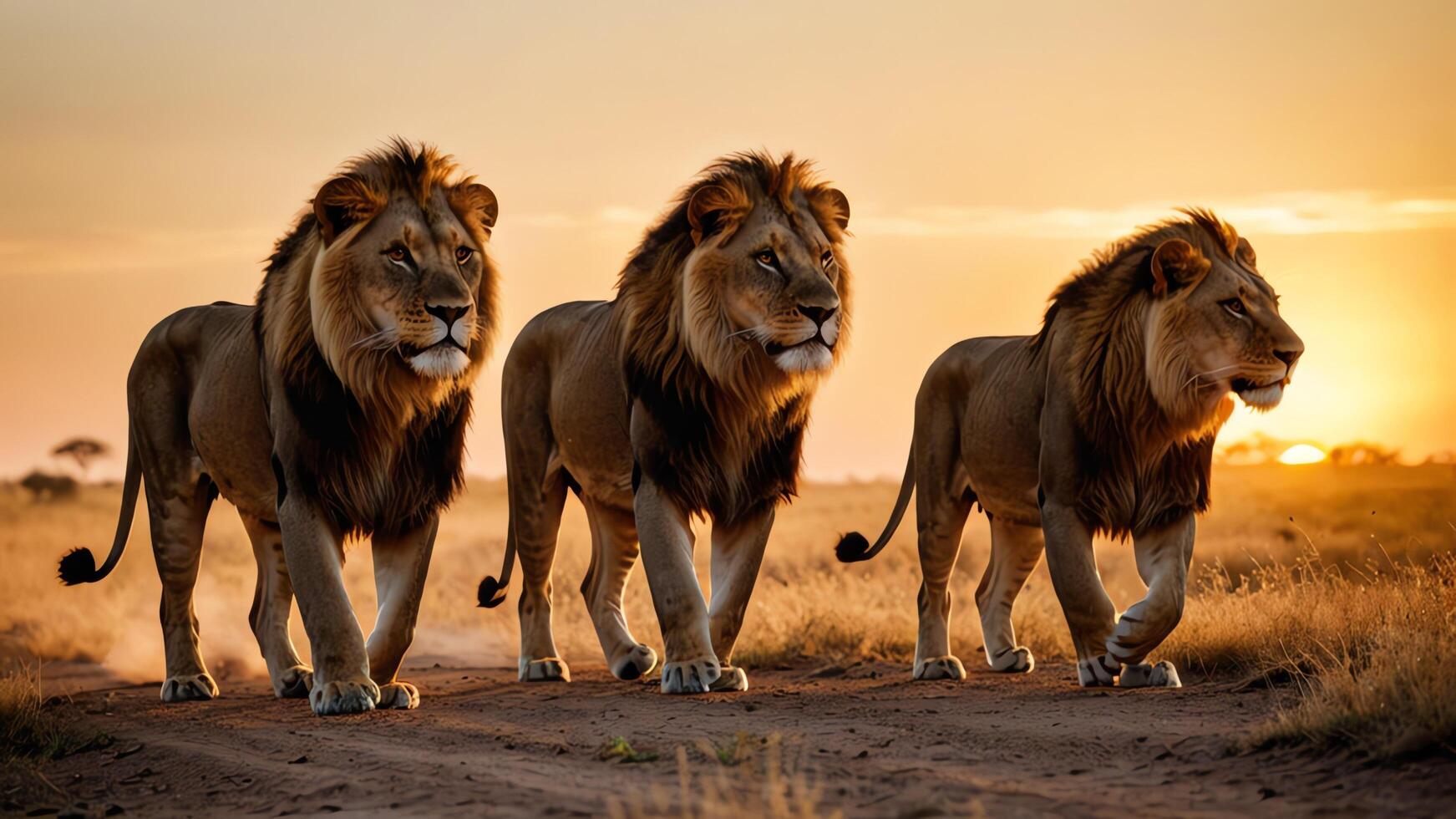 Lion, close up portrait of animal with beautiful savana photo