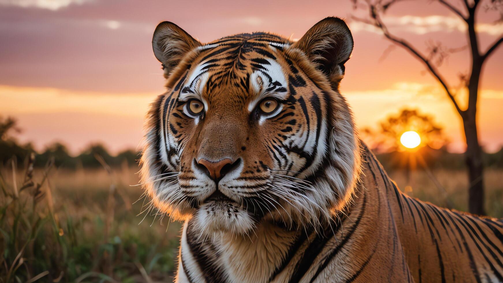 tiger, close up portrait of animal with beautiful savana photo