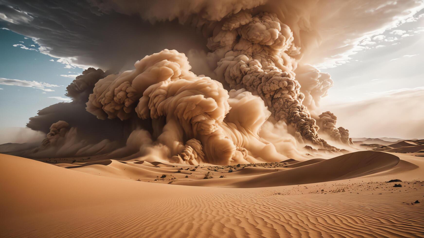 a dust cloud is blowing over a desert photo