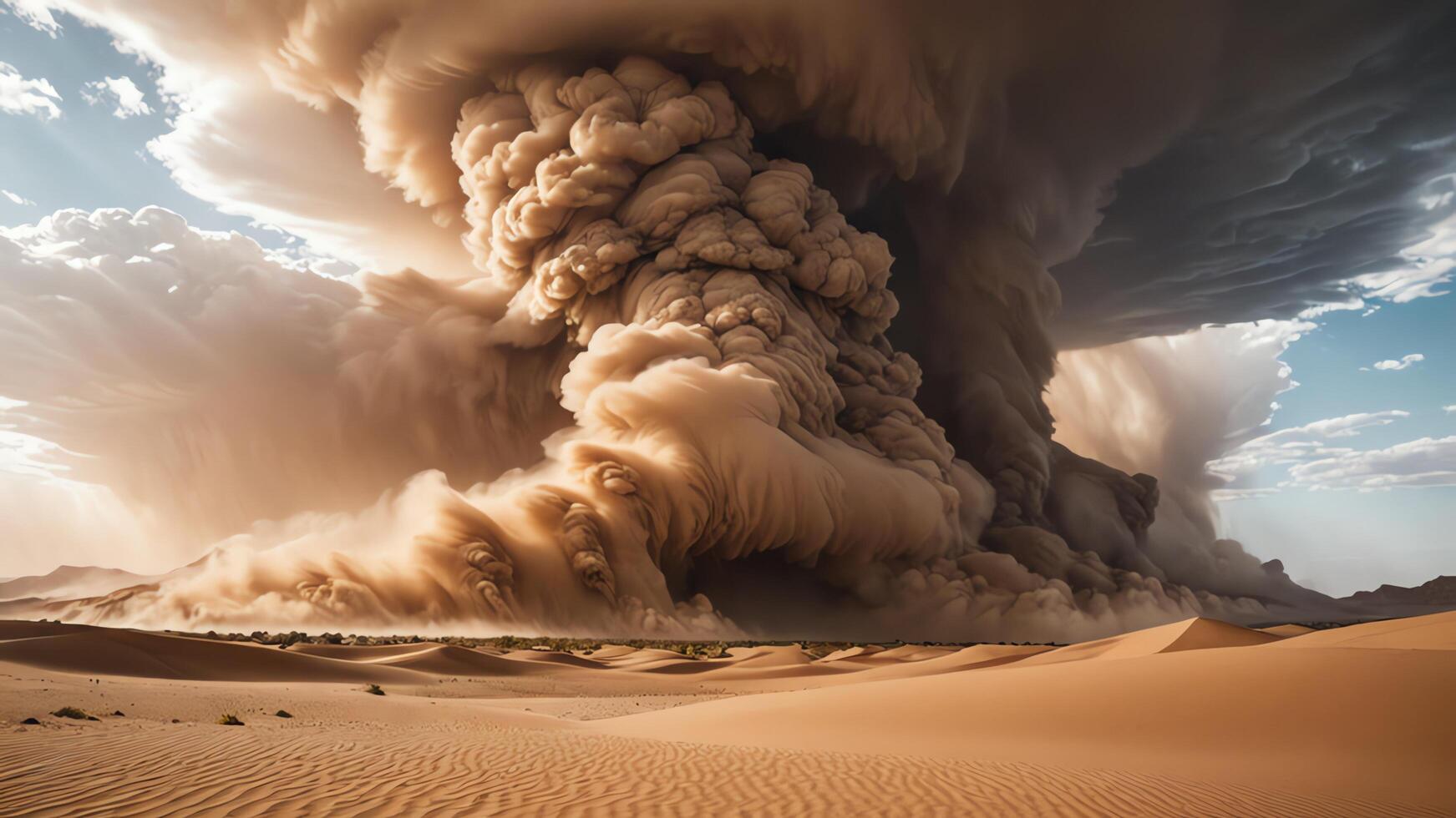 a dust cloud is blowing over a desert photo