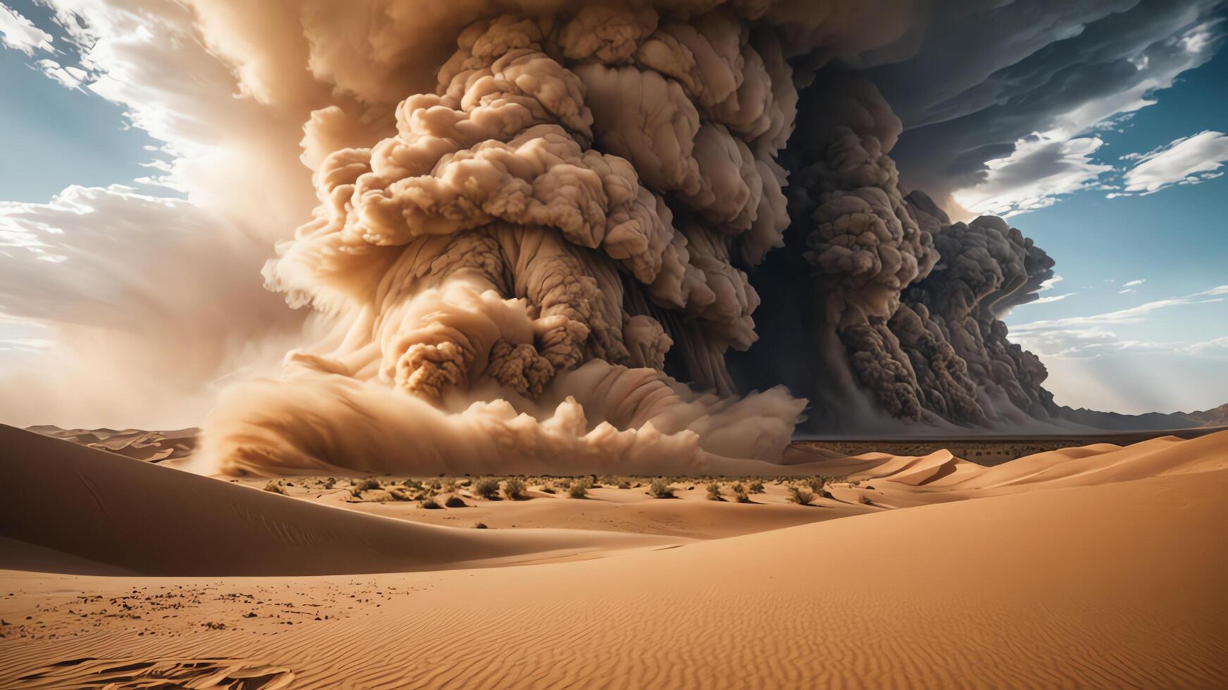a dust cloud is blowing over a desert photo