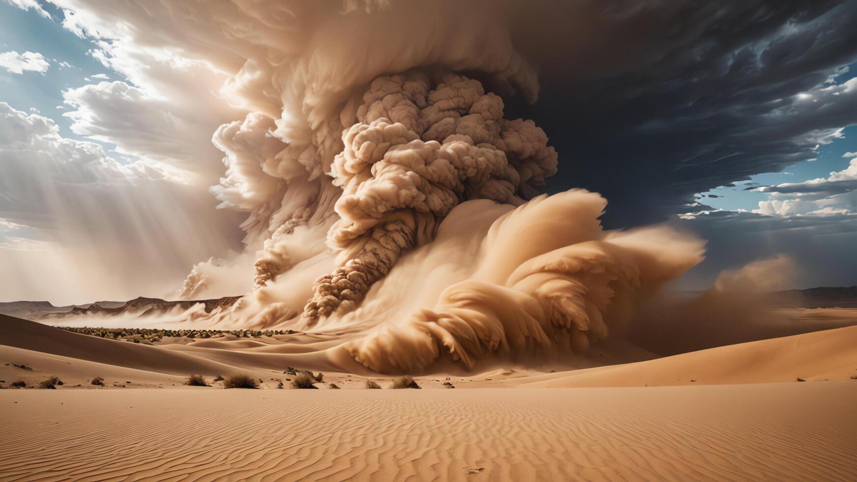 a dust cloud is blowing over a desert photo
