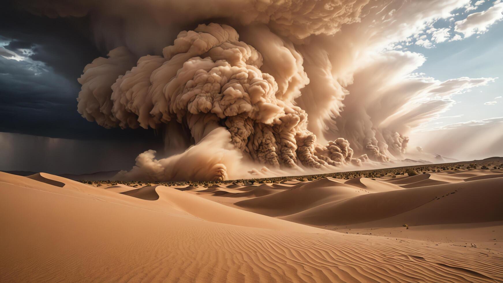 a dust cloud is blowing over a desert photo
