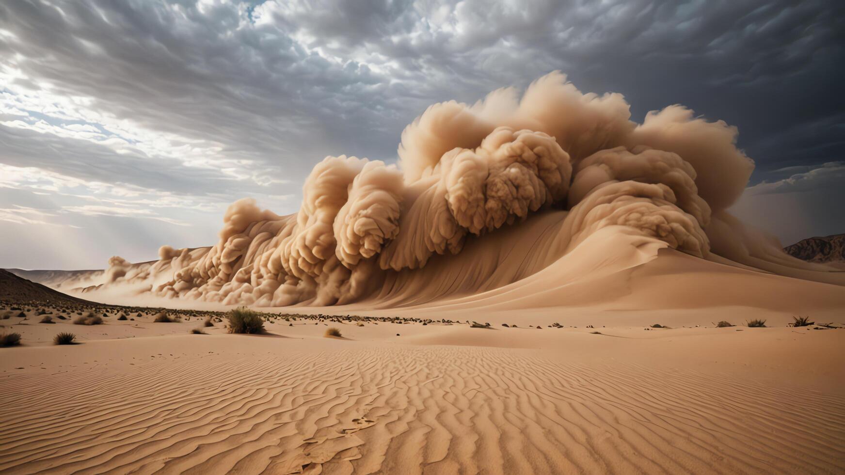 a dust cloud is blowing over a desert photo
