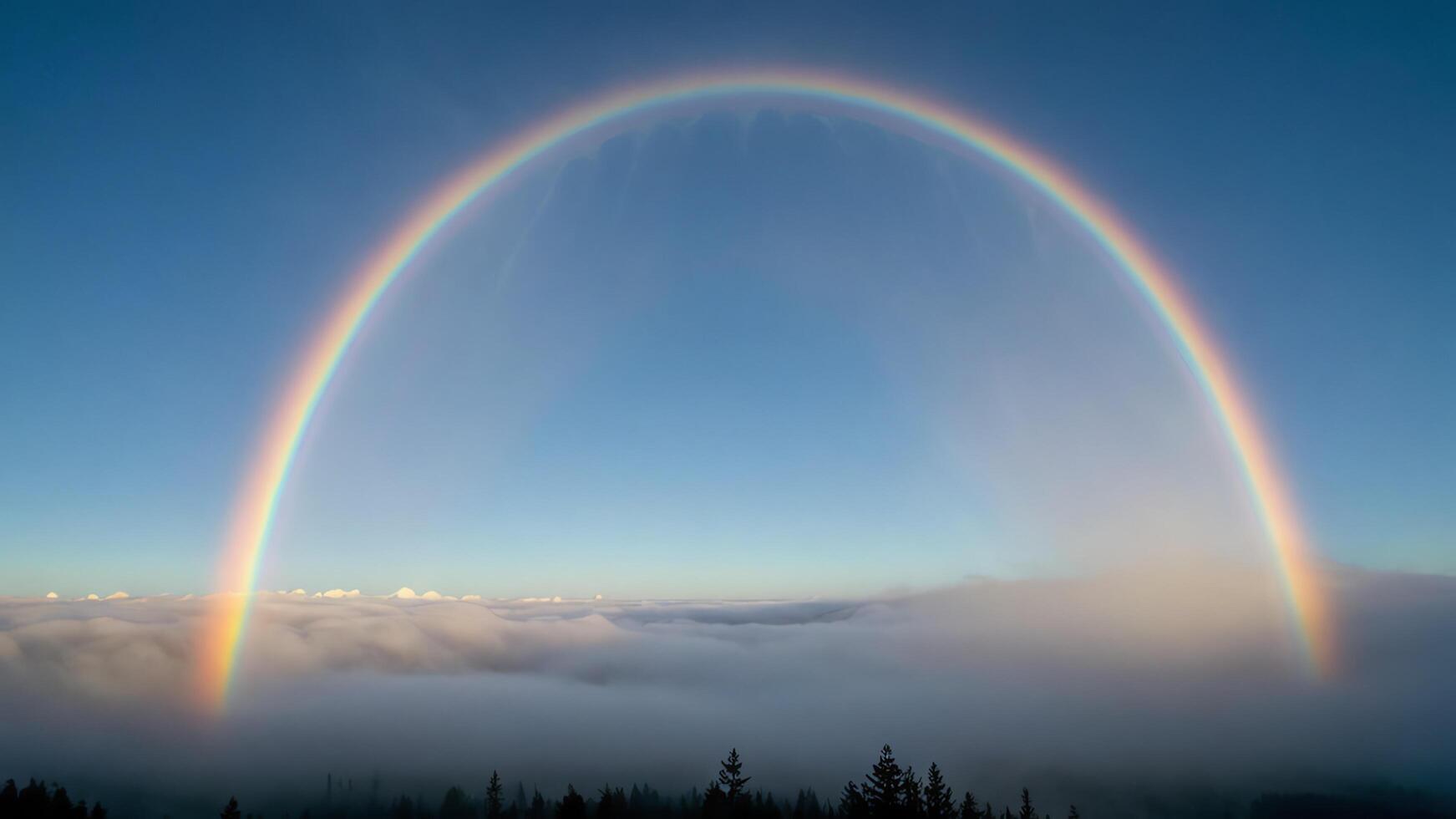 two double rainbows are seen over a mountain photo