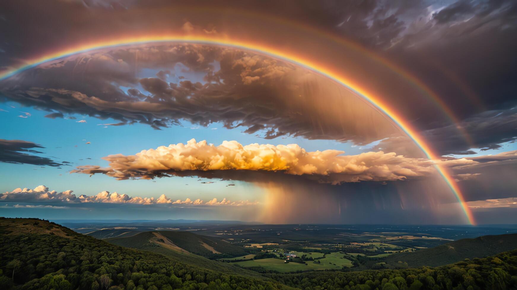 two double rainbows are seen over a mountain photo