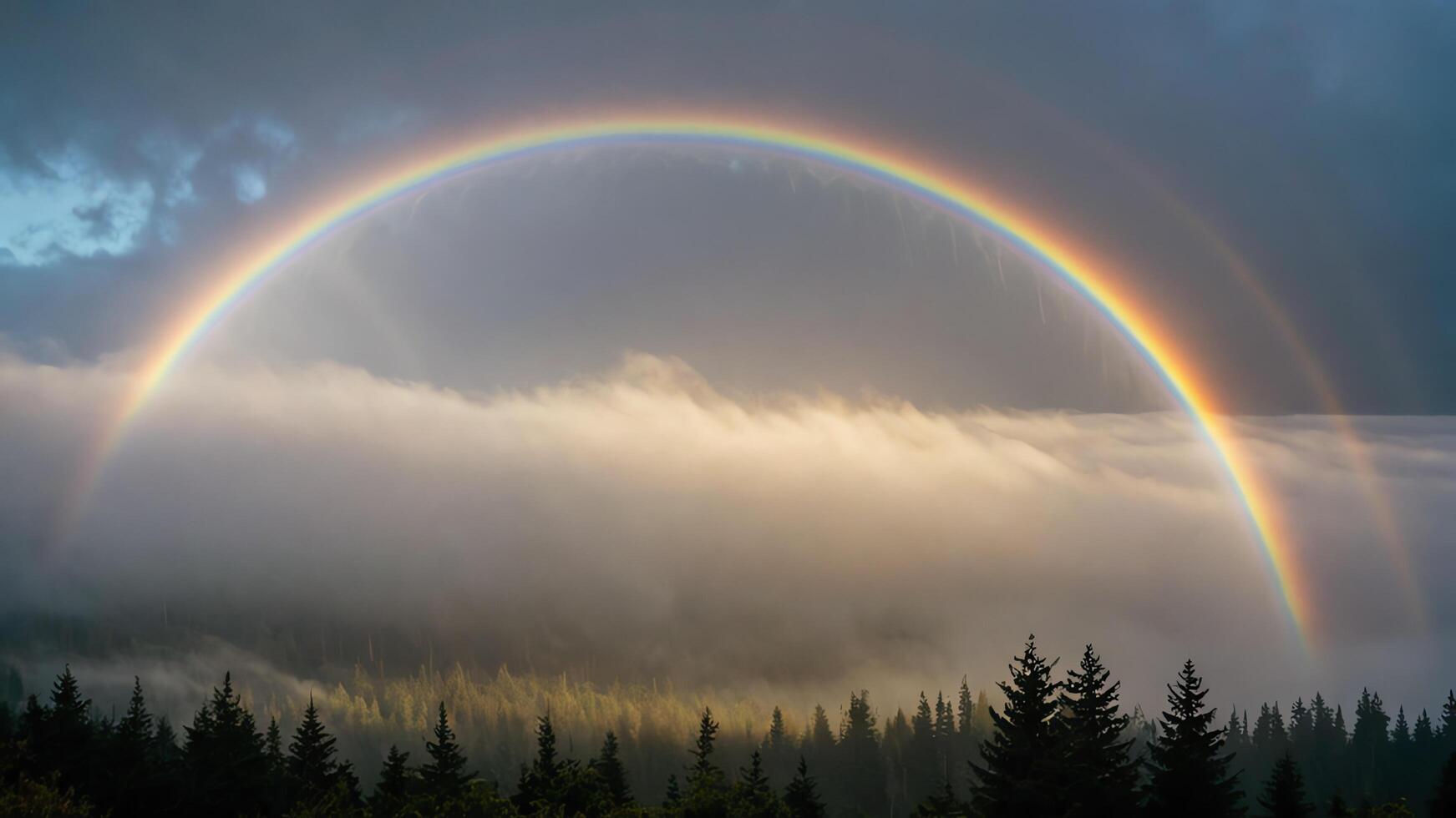 two double rainbows are seen over a mountain photo