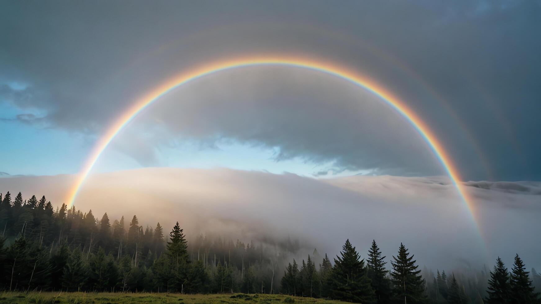 two double rainbows are seen over a mountain photo