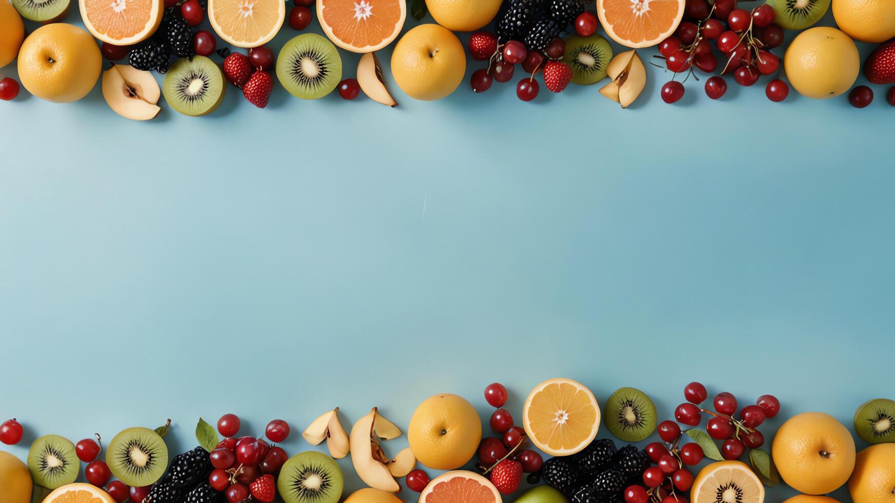 fruit on a blue table, design background object on the table, random fruit frame border photo
