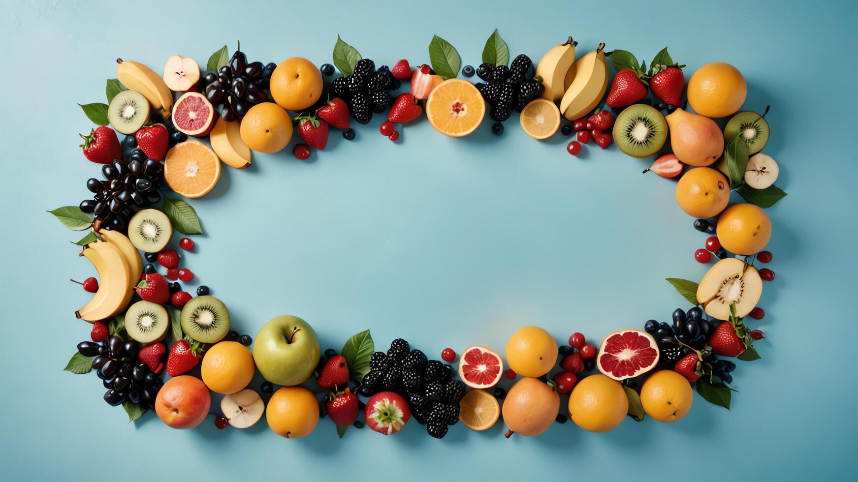 fruit on a blue table, design background object on the table, random fruit frame border photo