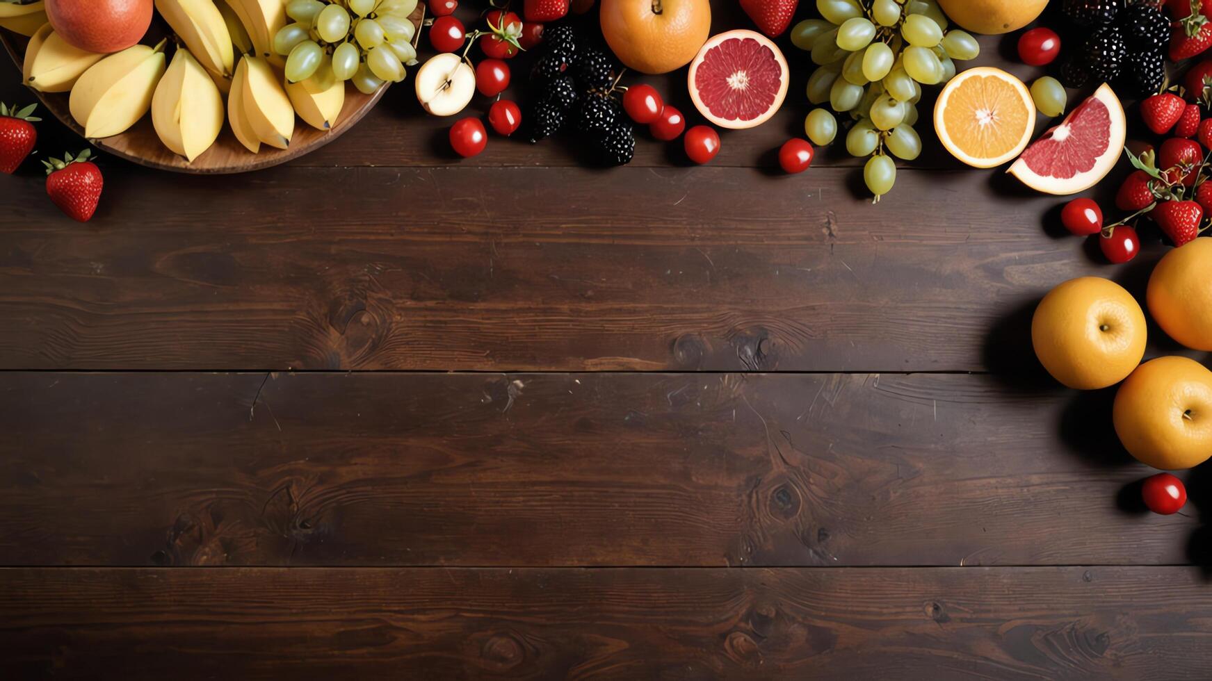 fruit on a brown table, design background object on the table, random fruit frame border photo
