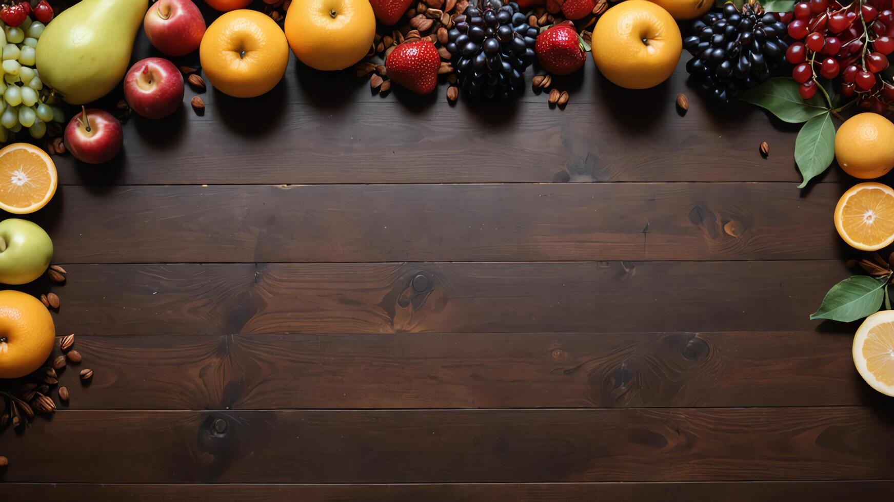 fruit on a brown table, design background object on the table, random fruit frame border photo