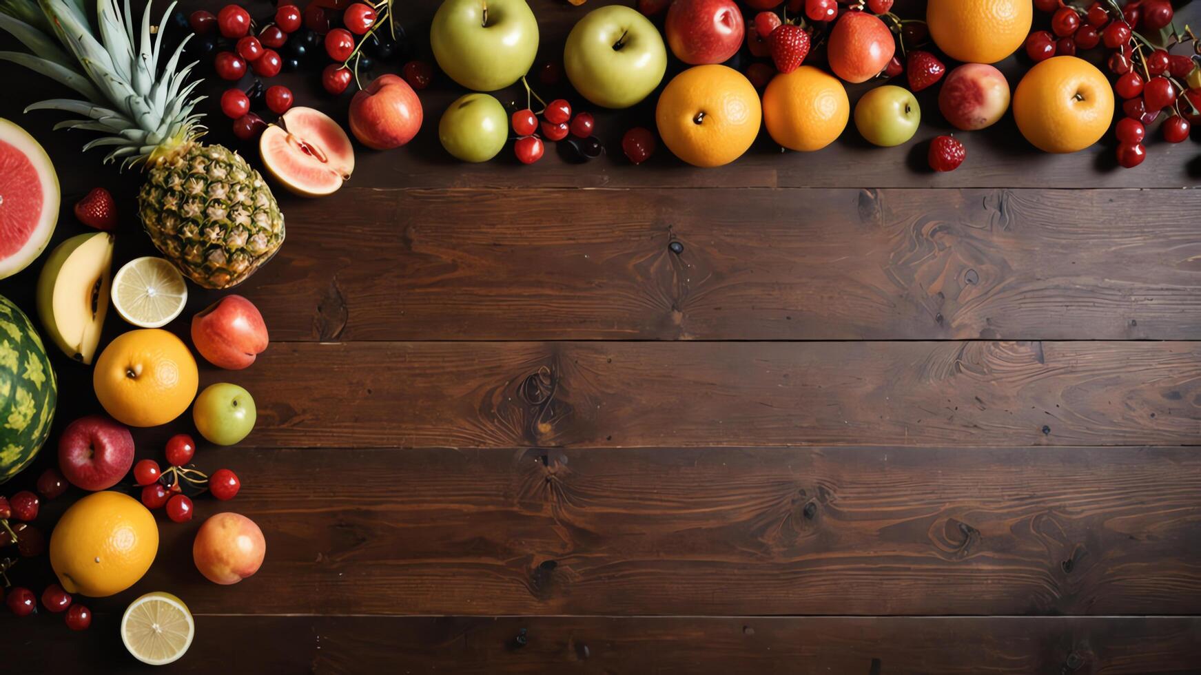 fruit on a brown table, design background object on the table, random fruit frame border photo