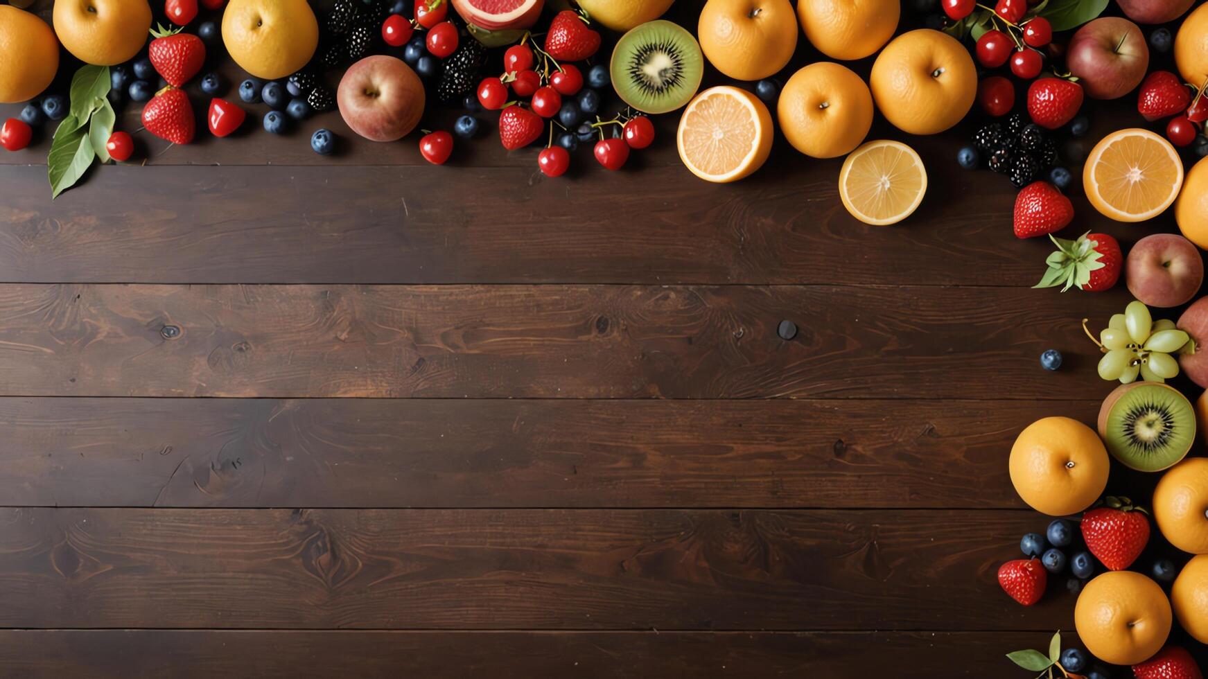 fruit on a brown table, design background object on the table, random fruit frame border photo