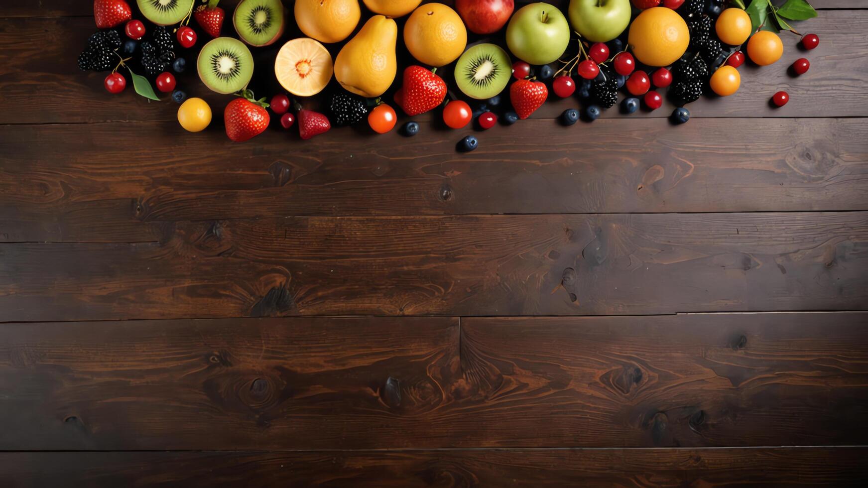 fruit on a brown table, design background object on the table, random fruit frame border photo