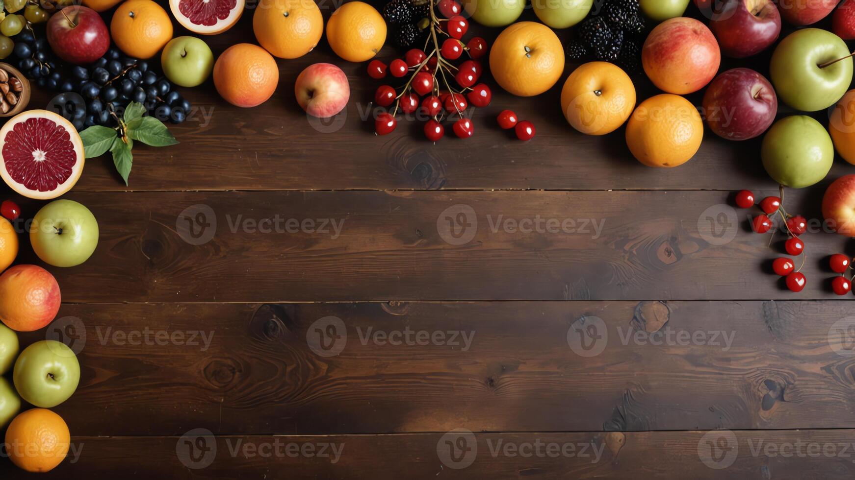 fruit on a brown table, design background object on the table, random fruit frame border photo