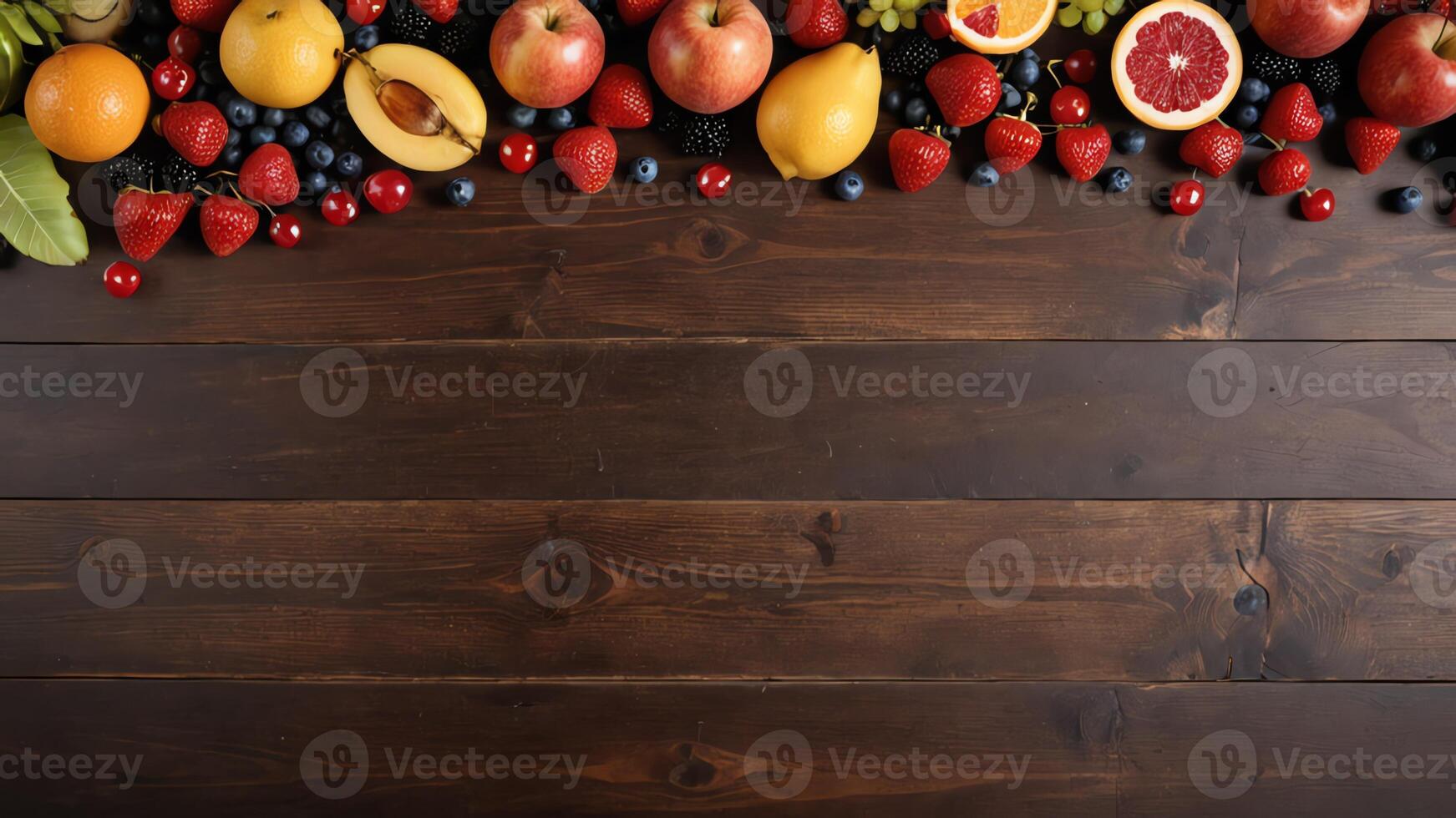 fruit on a brown table, design background object on the table, random fruit frame border photo