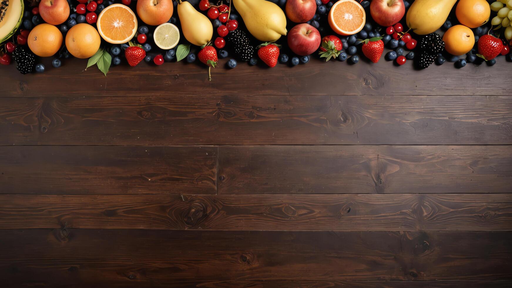 fruit on a brown table, design background object on the table, random fruit frame border photo