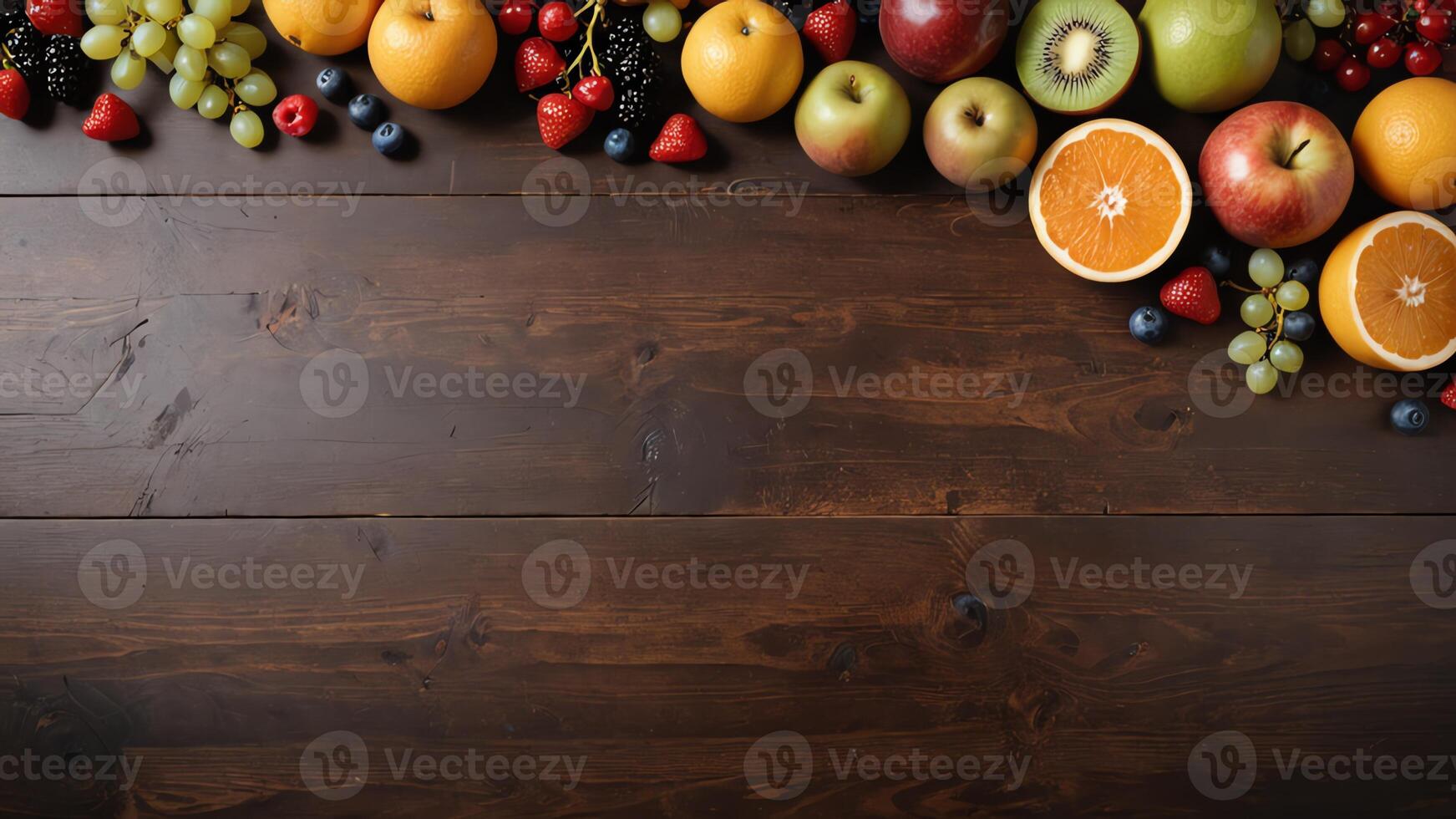 fruit on a brown table, design background object on the table, random fruit frame border photo